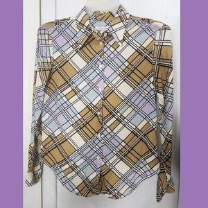 GUESS Collection Women’s Button Down Shirt L Plaid Geometric Long Sleeve Top